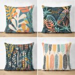 4'lü Çift Taraflı Renkli Zemin Üzerinde Yaprak Desenli Modern Süet Yastık Kırlent Kılıf Seti Realhomes