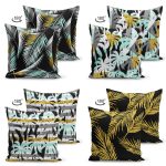 - Suet-K4luset405-1 - Realhomes 4'lü Çift Taraflı Renkli Zemin Üzerinde Gold Detaylı Yaprak Desenli Modern Süet Yastık Kırlent Kılıf Seti Realhomes