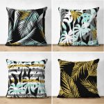 - Suet-K4luset405 - Realhomes 4'lü Çift Taraflı Renkli Zemin Üzerinde Gold Detaylı Yaprak Desenli Modern Süet Yastık Kırlent Kılıf Seti Realhomes