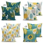 - Suet-K4luset406-1 - Realhomes 4'lü Çift Taraflı Renkli Zemin Üzerinde Yaprak Desenli Modern Süet Yastık Kırlent Kılıf Seti Realhomes