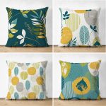 - Suet-K4luset406 - Realhomes 4'lü Çift Taraflı Renkli Zemin Üzerinde Yaprak Desenli Modern Süet Yastık Kırlent Kılıf Seti Realhomes