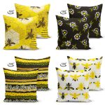 - Suet-K4luset407-1 - Realhomes 4'lü Çift Taraflı Renkli Zemin Üzerinde Petek Detaylo Modern Süet Yastık Kırlent Kılıf Seti Realhomes