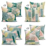 4'lü Çift Taraflı Renkli Zemin Üzerinde Onedraw Çizimli Yaprak Desenli Modern Süet Yastık Kırlent Kılıf Seti Realhomes