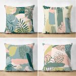 4'lü Çift Taraflı Renkli Zemin Üzerinde Onedraw Çizimli Yaprak Desenli Modern Süet Yastık Kırlent Kılıf Seti Realhomes