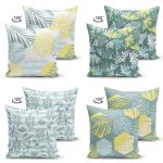 - Suet-K4luset411-1 - Realhomes  4'lü Çift Taraflı Renkli Zemin Üzerinde Yaprak Desenli Modern Süet Yastık Kırlent Kılıf Seti Realhomes
