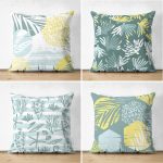- Suet-K4luset411 - Realhomes  4'lü Çift Taraflı Renkli Zemin Üzerinde Yaprak Desenli Modern Süet Yastık Kırlent Kılıf Seti Realhomes