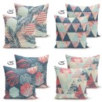 - Suet-K4luset412-1 - Realhomes 4'lü Çift Taraflı Renkli Zemin Üzerinde Geometrik Çizimli Modern Süet Yastık Kırlent Kılıf Seti Realhomes