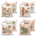 - Suet-K4luset413-1 - Realhomes  4'lü Çift Taraflı Renkli Zemin Üzerinde Onedraw Çizimli Yaprak Desenli Modern Süet Yastık Kırlent Kılıf Seti Realhomes
