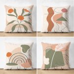 - Suet-K4luset413 - Realhomes  4'lü Çift Taraflı Renkli Zemin Üzerinde Onedraw Çizimli Yaprak Desenli Modern Süet Yastık Kırlent Kılıf Seti Realhomes