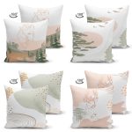 - Suet-K4luset414-1 - Realhomes  4'lü Çift Taraflı Renkli Zemin Üzerinde Onedraw Çizimli Bayan Silüeti Modern Süet Yastık Kırlent Kılıf Seti Realhomes
