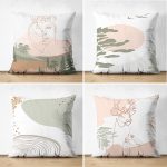 - Suet-K4luset414 - Realhomes  4'lü Çift Taraflı Renkli Zemin Üzerinde Onedraw Çizimli Bayan Silüeti Modern Süet Yastık Kırlent Kılıf Seti Realhomes