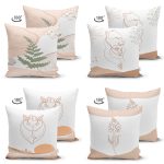 4'lü Çift Taraflı Renkli Zemin Üzerinde Onedraw Çizimli Modern Süet Yastık Kırlent Kılıf Seti Realhomes