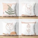 4'lü Çift Taraflı Renkli Zemin Üzerinde Onedraw Çizimli Modern Süet Yastık Kırlent Kılıf Seti Realhomes