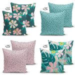 - Suet-K4luset418-1 - Realhomes 4'lü Çift Taraflı Renkli Zemin Üzerinde Yaprak Desenli Modern Süet Yastık Kırlent Kılıf Seti Realhomes