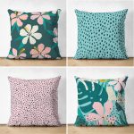 - Suet-K4luset418 - Realhomes 4'lü Çift Taraflı Renkli Zemin Üzerinde Yaprak Desenli Modern Süet Yastık Kırlent Kılıf Seti Realhomes