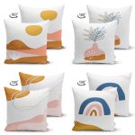 4'lü Çift Taraflı Beyaz Zemin Üzerinde Onedraw Çizimli Modern Süet Yastık Kırlent Kılıf Seti Realhomes