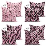 - Suet-K4luset421-1 - Realhomes 4'lü Çift Taraflı Renkli Zemin Üzerinde Zebra Desenli Modern Süet Yastık Kırlent Kılıf Seti Realhomes