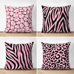 - Suet-K4luset421 - Realhomes 4'lü Çift Taraflı Renkli Zemin Üzerinde Zebra Desenli Modern Süet Yastık Kırlent Kılıf Seti Realhomes