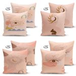 - Suet-K4luset422-1 - Realhomes  4'lü Çift Taraflı Renkli Zemin Üzerinde Onedraw Çizimli Modern Süet Yastık Kırlent Kılıf Seti Realhomes