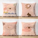 - Suet-K4luset422 - Realhomes  4'lü Çift Taraflı Renkli Zemin Üzerinde Onedraw Çizimli Modern Süet Yastık Kırlent Kılıf Seti Realhomes