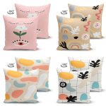 - Suet-K4luset426-1 - Realhomes 4'lü Çift Taraflı Renkli Zemin Üzerinde Onedraw Çizimli Modern Süet Yastık Kırlent Kılıf Seti Realhomes