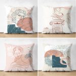 - Suet-K4luset431 - Realhomes 4'lü Çift Taraflı Renkli Zemin Üzerinde Onedraw Çizimli Modern Süet Yastık Kırlent Kılıf Seti Realhomes