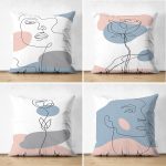 - Suet-K4luset435 - Realhomes 4'lü Çift Taraflı Renkli Zemin Üzerinde Onedraw Çizimli Bayan Silüeti Modern Süet Yastık Kırlent Kılıf Seti Realhomes