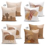 - Suet-K4luset436-1 - Realhomes 4'lü Çift Taraflı Renkli Zemin Üzerinde Yaprak Desenli Modern Süet Yastık Kırlent Kılıf Seti Realhomes