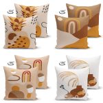 - Suet-K4luset437-1 - Realhomes 4'lü Çift Taraflı Renkli Zemin Üzerinde Onedraw Çizimli Yaprak Desenli Modern Süet Yastık Kırlent Kılıf Seti Realhomes