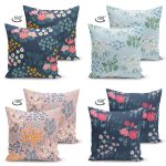 - Suet-K4luset439-1 - Realhomes  4'lü Çift Taraflı Rengarenk Zemin Üzerinde Çiçek Desenli Modern Süet Yastık Kırlent Kılıf Seti Realhomes