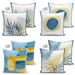 - Suet-K4luset444-1 - Realhomes 4'lü Çift Taraflı Renkli Zemin Üzerinde Gold Detaylı Yaprak Desenli Modern Süet Yastık Kırlent Kılıf Seti Realhomes