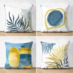 - Suet-K4luset444 - Realhomes 4'lü Çift Taraflı Renkli Zemin Üzerinde Gold Detaylı Yaprak Desenli Modern Süet Yastık Kırlent Kılıf Seti Realhomes