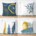 - Suet-K4luset445 - Realhomes 4'lü Çift Taraflı Renkli Zemin Üzerinde Gold Detaylı Yaprak Desenli Modern Süet Yastık Kırlent Kılıf Seti Realhomes