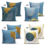 - Suet-K4luset447-1 - Realhomes  4'lü Çift Taraflı Renkli Zemin Üzerinde Gold Detaylı Yaprak Desenli Modern Süet Yastık Kırlent Kılıf Seti Realhomes