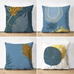 - Suet-K4luset447 - Realhomes  4'lü Çift Taraflı Renkli Zemin Üzerinde Gold Detaylı Yaprak Desenli Modern Süet Yastık Kırlent Kılıf Seti Realhomes