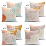 - Suet-K4luset448-1 - Realhomes 4'lü Çift Taraflı Renkli Zemin Üzerinde Onedraw Çizimli Yaprak Desenli Modern Süet Yastık Kırlent Kılıf Seti Realhomes