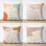 - Suet-K4luset448 - Realhomes 4'lü Çift Taraflı Renkli Zemin Üzerinde Onedraw Çizimli Yaprak Desenli Modern Süet Yastık Kırlent Kılıf Seti Realhomes