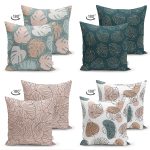 - Suet-K4luset449-1 - Realhomes 4'lü Çift Taraflı Renkli Zemin Üzerinde Onedraw Çizimli Yaprak Desenli Modern Süet Yastık Kırlent Kılıf Seti Realhomes
