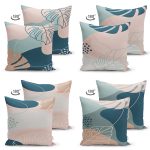 - Suet-K4luset451-1 - Realhomes  4'lü Çift Taraflı Renkli Zemin Üzerinde Onedraw Çizimli Yaprak Desenli Modern Süet Yastık Kırlent Kılıf Seti Realhomes