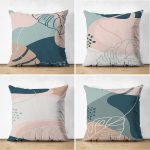 - Suet-K4luset451 - Realhomes  4'lü Çift Taraflı Renkli Zemin Üzerinde Onedraw Çizimli Yaprak Desenli Modern Süet Yastık Kırlent Kılıf Seti Realhomes