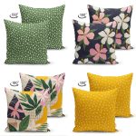 - Suet-K4luset453-1 - Realhomes 4'lü Çift Taraflı Renkli Zemin Üzerinde Yaprak Desenli Modern Süet Yastık Kırlent Kılıf Seti Realhomes