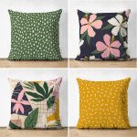- Suet-K4luset453 - Realhomes 4'lü Çift Taraflı Renkli Zemin Üzerinde Yaprak Desenli Modern Süet Yastık Kırlent Kılıf Seti Realhomes
