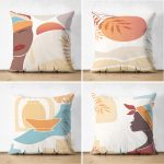 4'lü Çift Taraflı Renkli Zemin Üzerinde Onedraw Çizimli Afrika Kadın Desenli Modern Süet Yastık Kırlent Kılıf Seti Realhomes