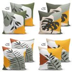 - Suet-K4luset459-1 - Realhomes  4'lü Çift Taraflı Beyaz Zemin Üzerinde Renkli Yaprak Desenli Modern Süet Yastık Kırlent Kılıf Seti Realhomes