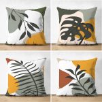 - Suet-K4luset459 - Realhomes  4'lü Çift Taraflı Beyaz Zemin Üzerinde Renkli Yaprak Desenli Modern Süet Yastık Kırlent Kılıf Seti Realhomes