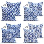 - Suet-K4luset461-1 - Realhomes  4'lü Çift Taraflı Beyaz Zemin Üzerinde Çini Desenli Modern Süet Yastık Kırlent Kılıf Seti Realhomes