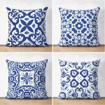 - Suet-K4luset461 - Realhomes  4'lü Çift Taraflı Beyaz Zemin Üzerinde Çini Desenli Modern Süet Yastık Kırlent Kılıf Seti Realhomes