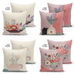 - Suet-K4luset462-1 - Realhomes 4'lü Çift Taraflı Renkli Zemin Üzerinde Onedraw Çizimli Vazo Desenli Modern Süet Yastık Kırlent Kılıf Seti Realhomes