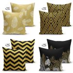 - Suet-K4luset560-1 - Realhomes  4'lü Çift Taraflı Renkli Zemin Üzerinde Gold Detaylı Geometrik Desenli Modern Süet Yastık Kırlent Kılıf Seti Realhomes