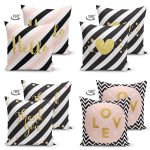 - Suet-K4luset561-1 - Realhomes  4'lü Çift Taraflı Beyaz Zemin Üzerinde Gold Detaylı Yazılı Modern Süet Yastık Kırlent Kılıf Seti Realhomes